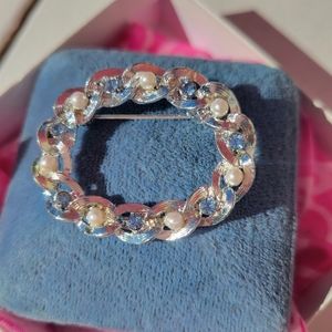 Vintage Gerry's Silver-tone Brooch ~ Faux Pearls & Blue Rhinestones ~ Pretty!